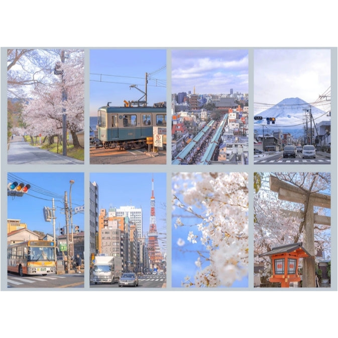 Collage of various scenic and urban images including cherry blossoms, a train, cityscape, and traditional architecture.