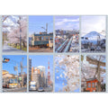 Collage of various scenic and urban images including cherry blossoms, a train, cityscape, and traditional architecture.