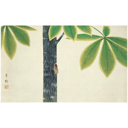 Traditional Japanese artwork of a tree with leaves and a cicada on a beige background