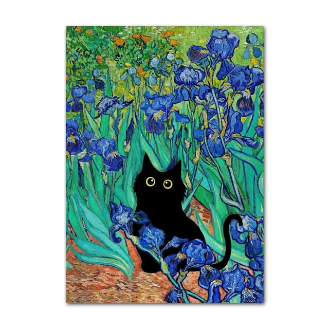 Black cat among blue flowers inspired by Van Gogh's style