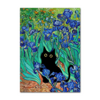 Black cat among blue flowers inspired by Van Gogh's style
