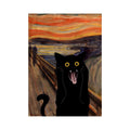 Black cat with wide eyes and mouth open on a background resembling 'The Scream' painting.