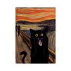 Black cat with wide eyes and mouth open on a background resembling 'The Scream' painting.