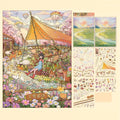 A collage-style art print or poster layout on a warm beige background. The large left panel shows a whimsical illustrated outdoor scene with a girl sitting on a swing under a large orange tent, surrounded by flowers, animals, and hot air balloons.