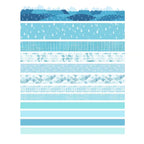 Collection of blue patterned washi tape strips on a white background
