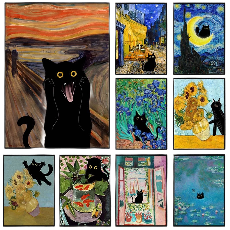 Collage of famous artworks with black cats integrated into each painting.
