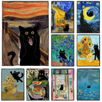 Collage of famous artworks with black cats integrated into each painting.