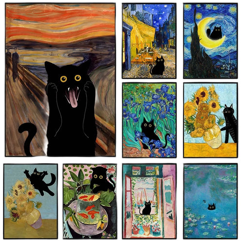 Collage of famous artworks with black cats integrated into each painting.