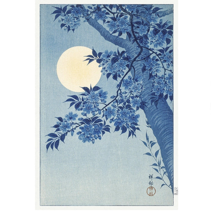 Traditional Japanese artwork of cherry blossoms and a moon on a light blue background
