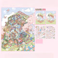 A pastel-colored illustrated collage showing a detailed multi-room house interior with cherry blossoms, flowers, butterflies, and small architectural/interior design panels on a light pink background.