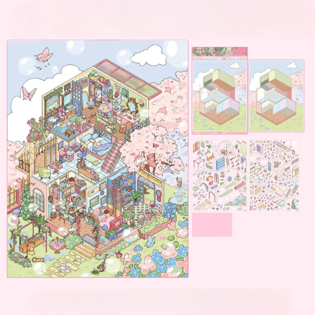 A pastel-colored illustrated collage showing a detailed multi-room house interior with cherry blossoms, flowers, butterflies, and small architectural/interior design panels on a light pink background.