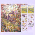 A collage-style product image showing a large pastel illustration of a train traveling through a flower-filled landscape, alongside smaller preview panels of matching scenery and decorative sticker-like elements on a pale lavender background.