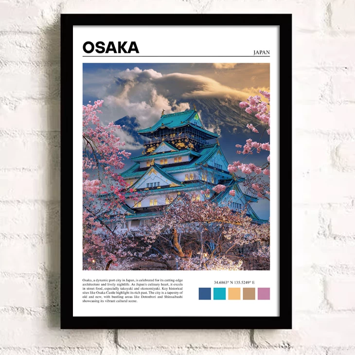 Framed artwork of a Japanese temple with cherry blossoms against a white brick wall.