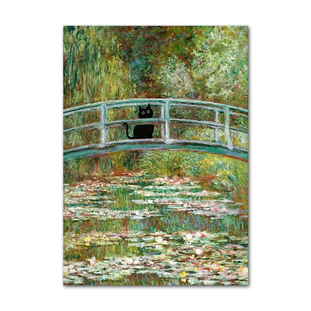Framed artwork of a bridge over water lilies with a black cat on the bridge.
