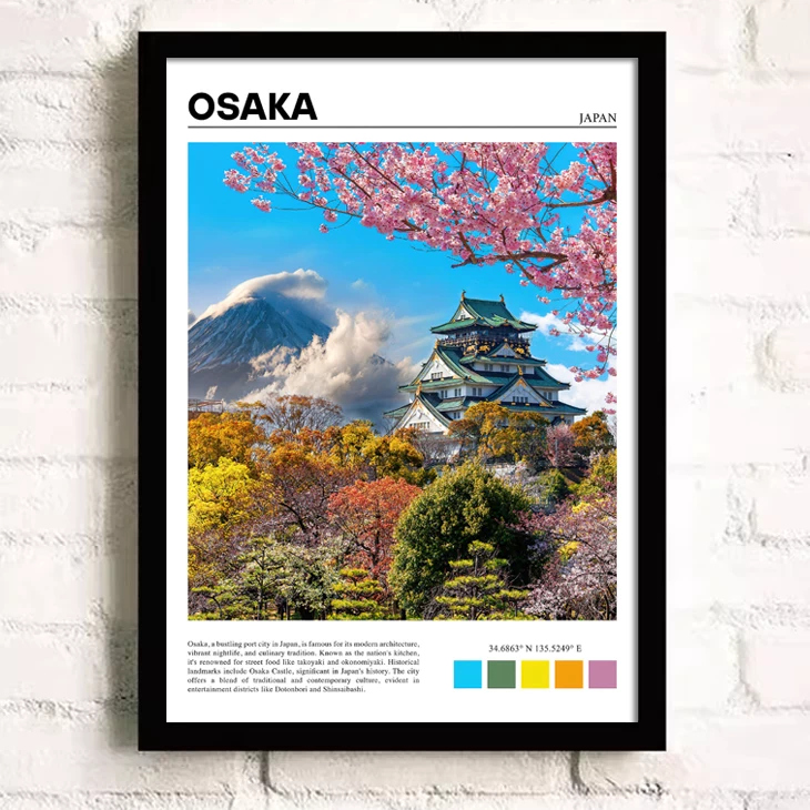 Framed poster of Osaka, Japan with cherry blossoms, castle, and Mount Fuji.