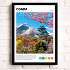 Framed poster of Osaka, Japan with cherry blossoms, castle, and Mount Fuji.