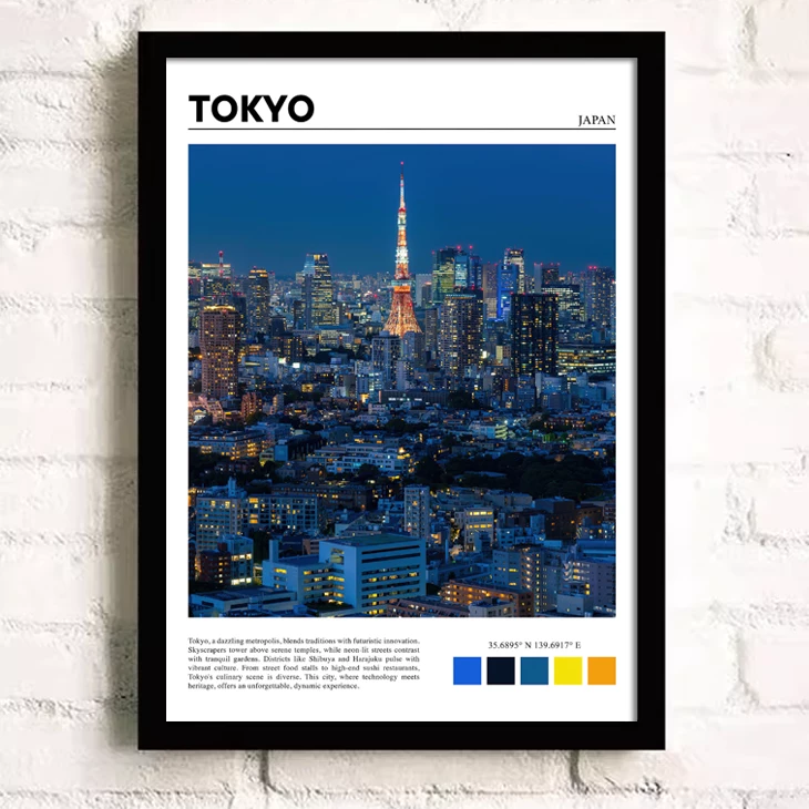 Framed poster of Tokyo cityscape with Tokyo Tower against a blue sky.