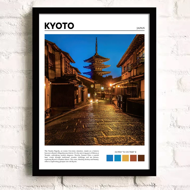 Framed poster of a night street scene in Kyoto, Japan with traditional architecture.