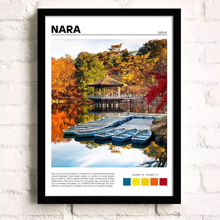 Framed print of Nara, Japan with a scenic lake and traditional Japanese building.