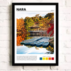 Framed print of Nara, Japan with a scenic lake and traditional Japanese building.
