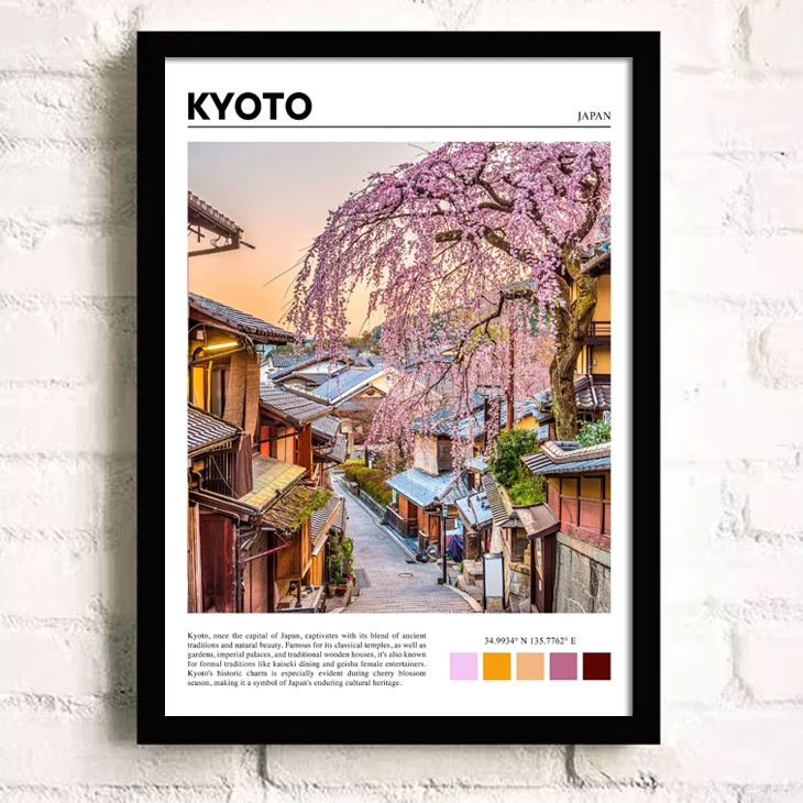 Framed print of a cherry blossom tree in Kyoto, Japan, on a white brick wall.