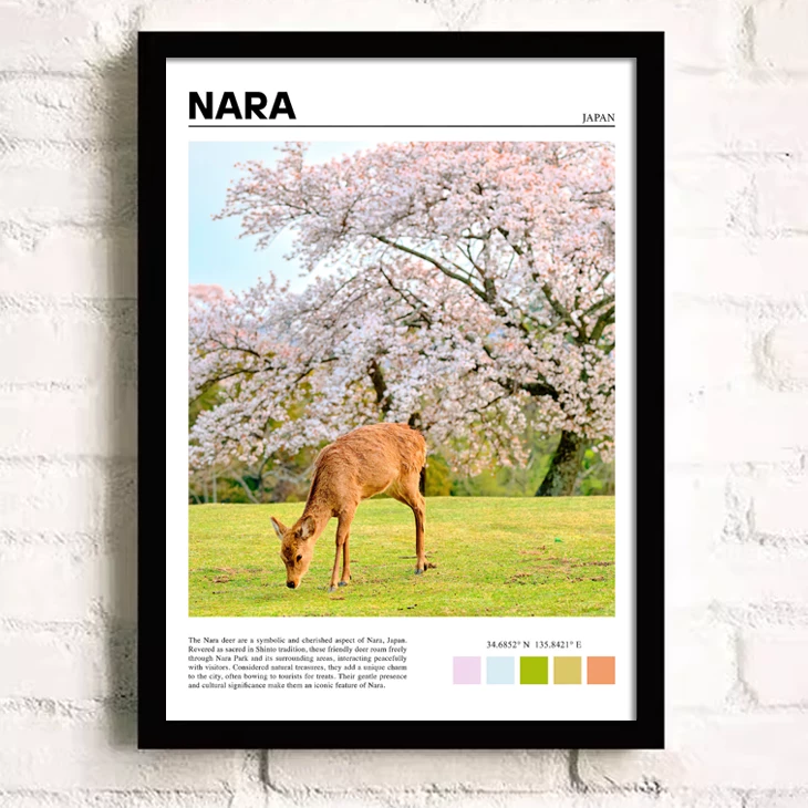 Framed print of a deer in a cherry blossom garden with 'Nara, Japan' text.