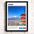 Framed print of a scenic view of Mount Fuji and a red pagoda with cherry blossoms, labeled 'Japan'.