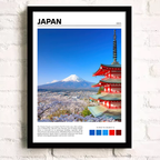 Framed print of a scenic view of Mount Fuji and a red pagoda with cherry blossoms, labeled 'Japan'.