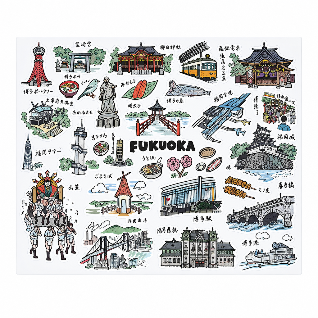 A hand-drawn illustrated poster or print featuring landmarks and scenes of Fukuoaka, Japan, with the word 'FUKUOKA' in the center, photographed on top of a grid notebook.