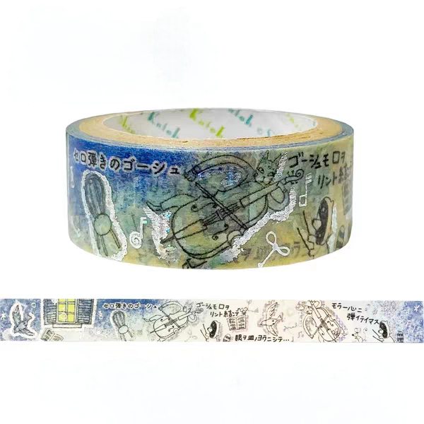 A roll of decorative washi tape with a blue and green illustrated pattern featuring musical instruments, Japanese text, and doodles, shown on a white background with a strip unrolled below.