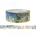 A roll of decorative washi tape with a blue and green illustrated pattern featuring musical instruments, Japanese text, and doodles, shown on a white background with a strip unrolled below.