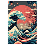 Artistic depiction of a wave with a stylized sunset and mountains in the background.