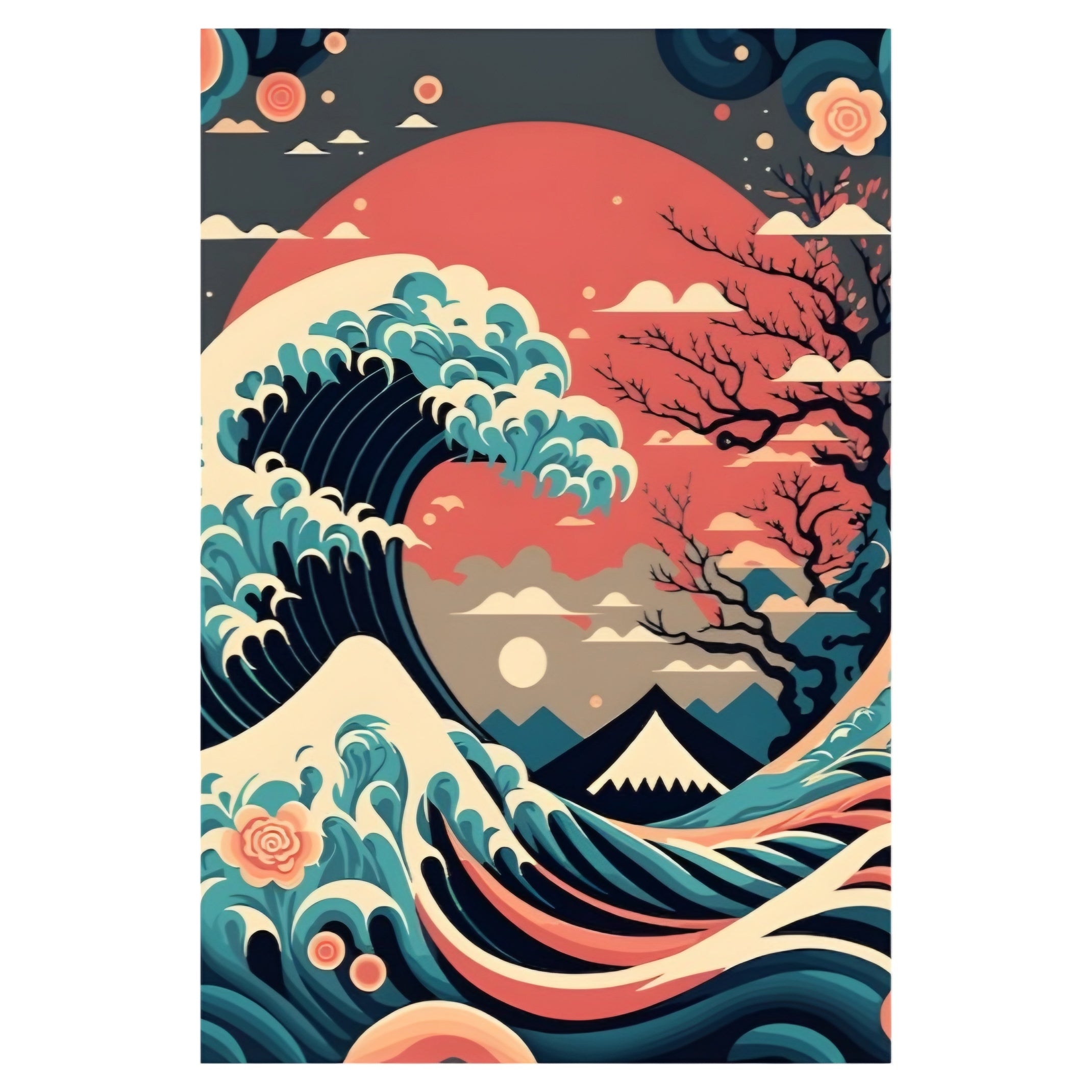 Artistic depiction of a wave with a stylized sunset and mountains in the background.