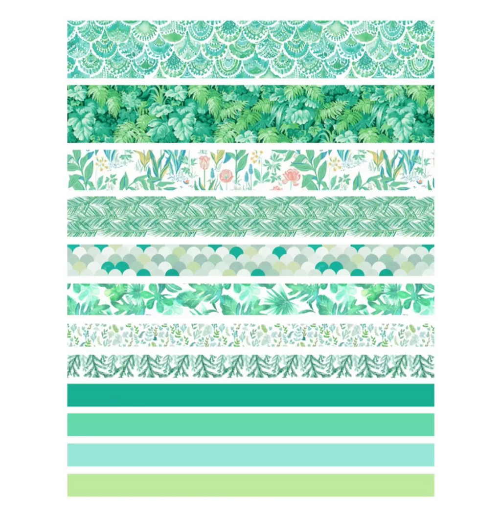 Collection of green patterned strips arranged vertically on a white background.