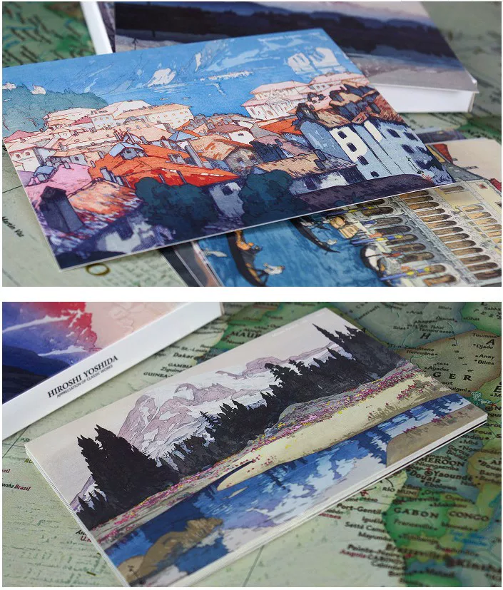 Colorful postcards with artistic designs on a map background