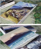 Stack of postcards with mountain and landscape designs 