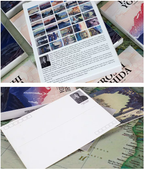 Collection of postcards with scenic images and text on a map background