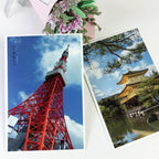 Collage of images including a red tower, a temple, and flowers.
