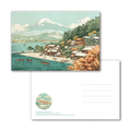 Scenic landscape with traditional buildings, boats, and Mount Fuji on a greeting card.