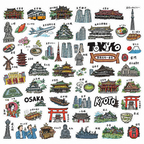 Three illustrated travel poster sheets featuring Japan, with detailed hand-drawn sketches of Tokyo, Kyoto, Osaka, and Fukuoka landmarks, torii gates, temples, food, and people, arranged overlapping on a wood surface.