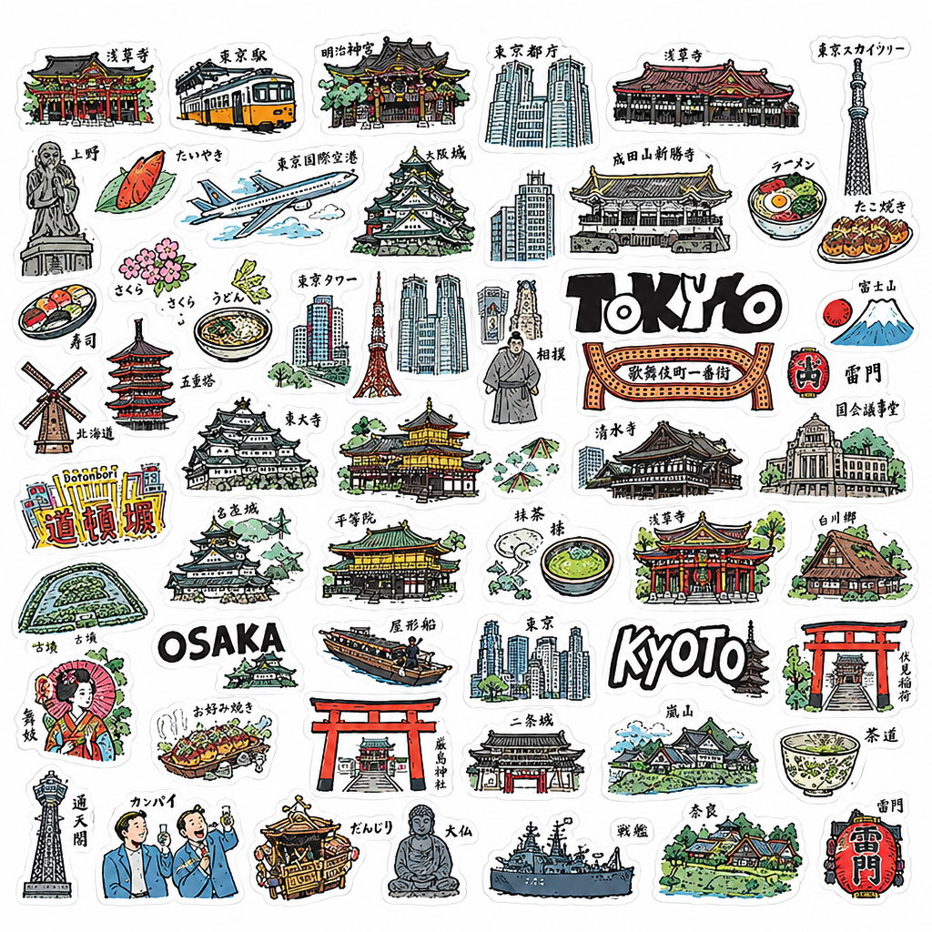 Three illustrated travel poster sheets featuring Japan, with detailed hand-drawn sketches of Tokyo, Kyoto, Osaka, and Fukuoka landmarks, torii gates, temples, food, and people, arranged overlapping on a wood surface.