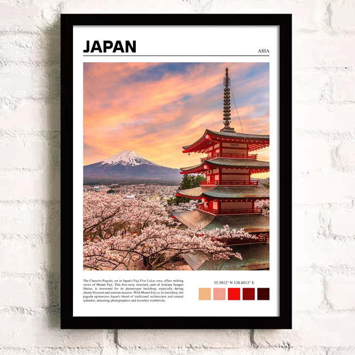 Framed artwork of a Japanese landscape with cherry blossoms, pagoda, and Mount Fuji.
