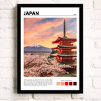 Framed artwork of a Japanese landscape with cherry blossoms, pagoda, and Mount Fuji.