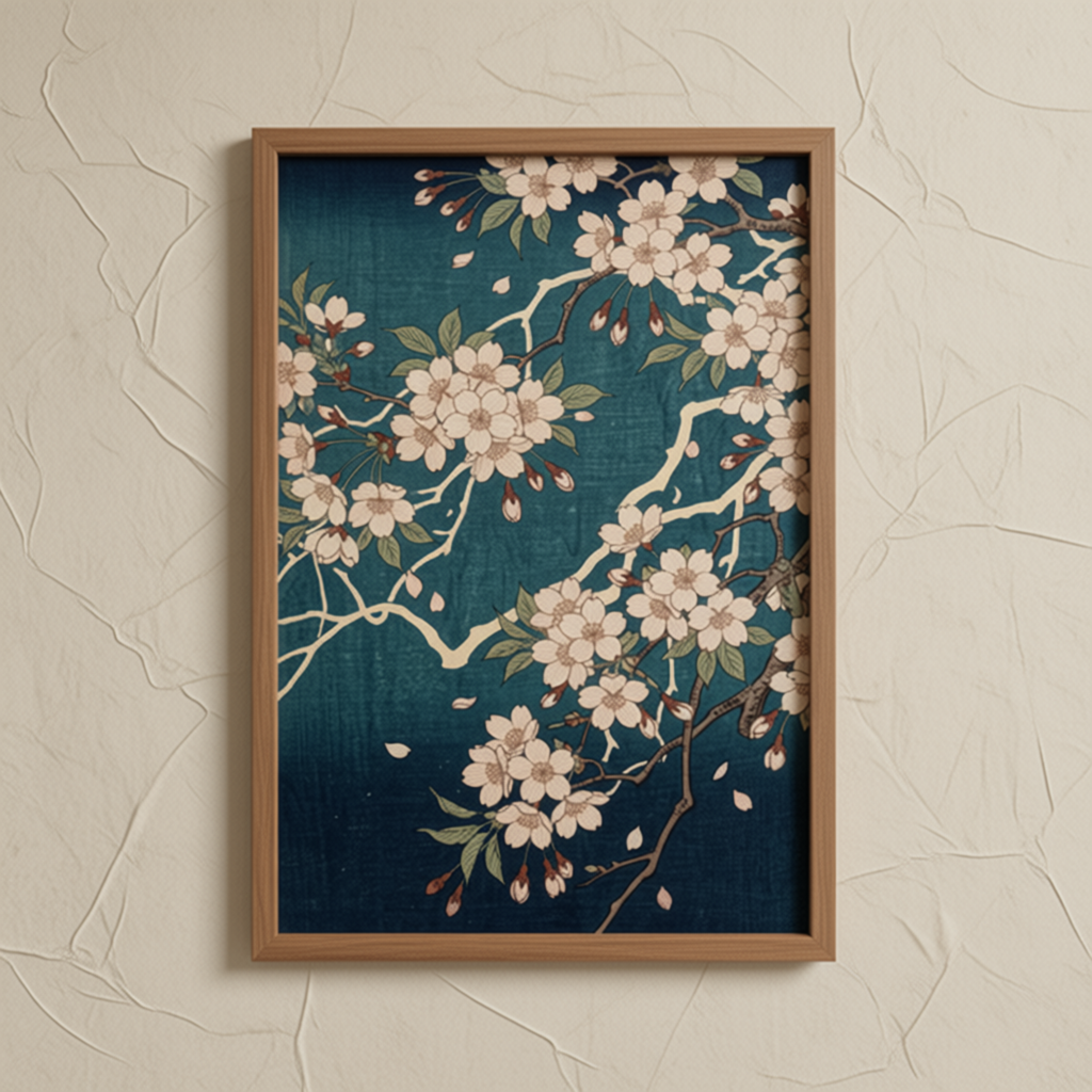 Framed artwork of cherry blossoms on a textured wall