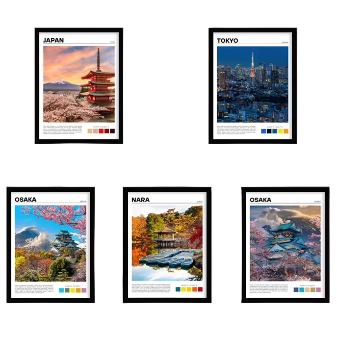 Set of framed posters featuring landscapes and cityscapes of Japan on a white wall.