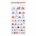 A sheet of Japanese washi tape featuring various Mount Fuji illustrations in blue, purple, red, brown, and white, presented on its white backing card with a red and white checkered header.