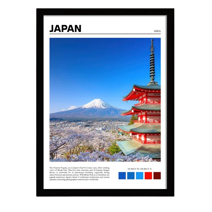 Framed print of a scenic view of Mount Fuji and a red pagoda with cherry blossoms.