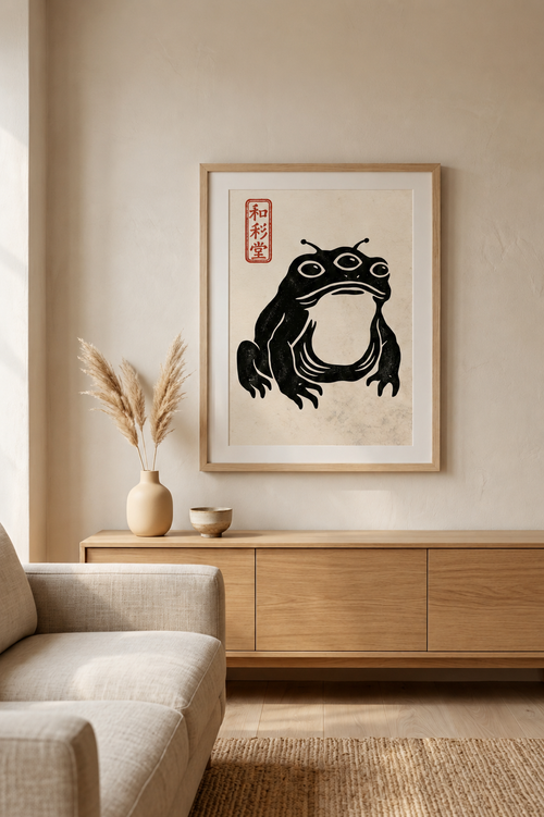 Framed artwork of a stylized frog on a wall in a living room.