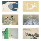 Set of six illustrated posters featuring nature scenes with birds and landscapes.