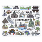 A square white art print or poster featuring hand-drawn illustrated landmarks and cultural symbols of Kanagawa, Japan, with the word 'KANAGAWA' in large letters at the center.